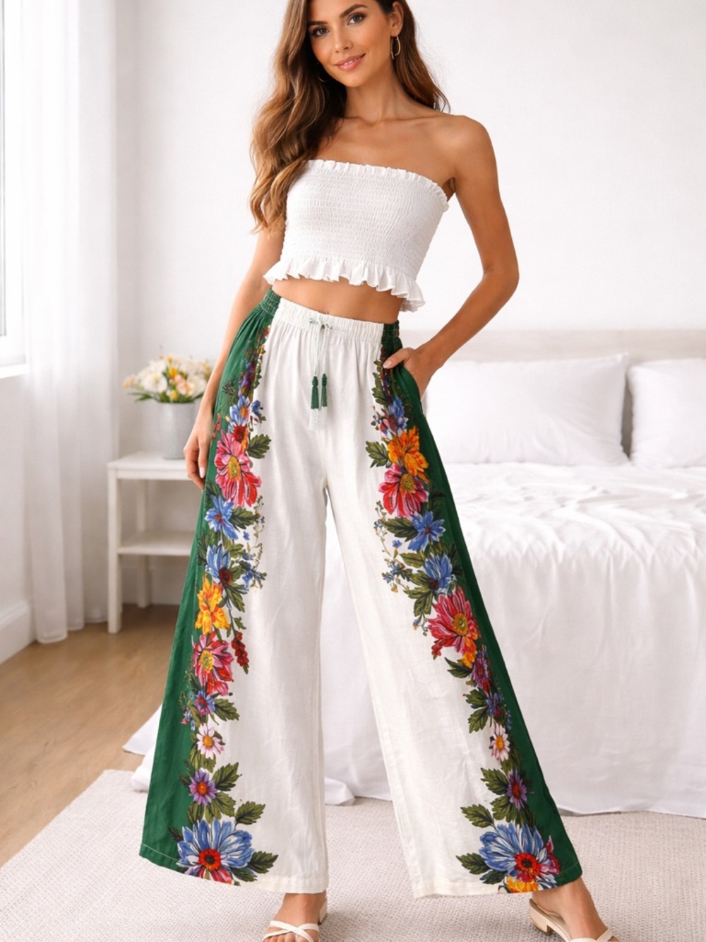 NWT Floral Wide-Leg Trousers - Green & White
